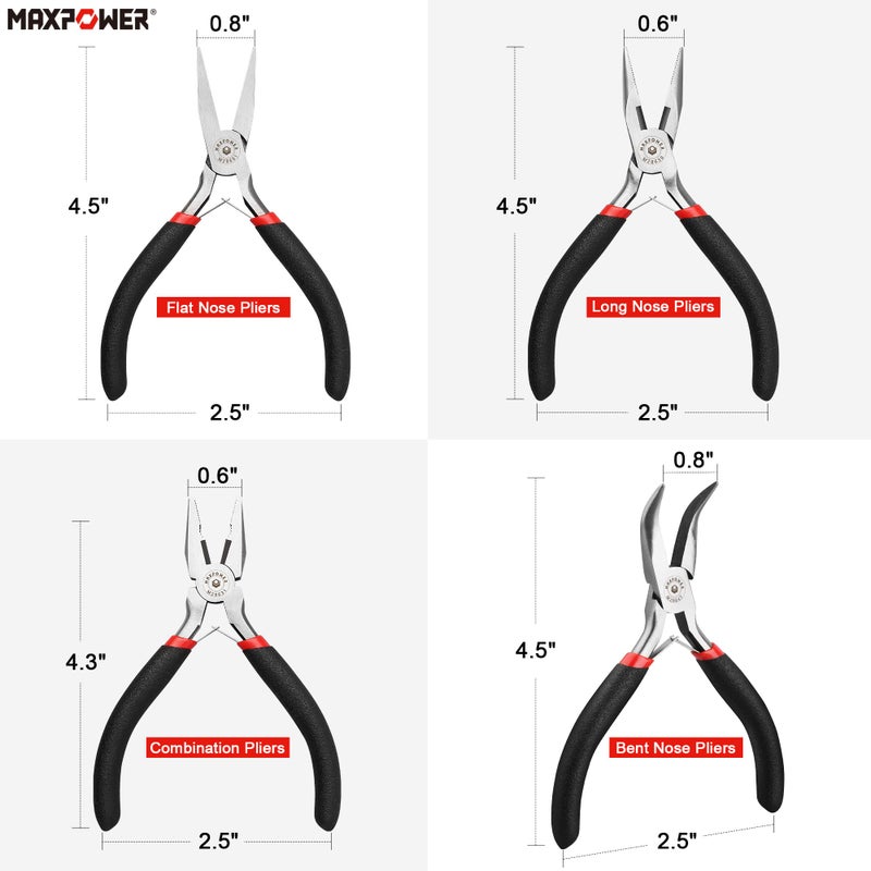 MAXPOWER Mini Jewelry Pliers Set - 8pc, Diagonal, End Cut, Bent, Combination, Flat, Needle, Round Nose (4.5-inch) - Image 3